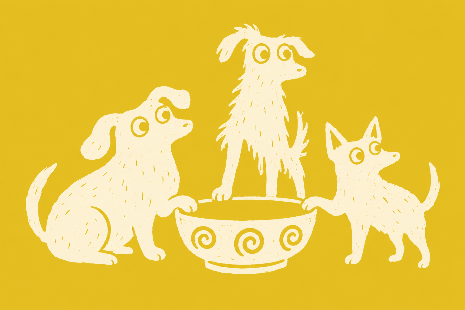 Three dogs gathered around a patterned ceramic bowl
