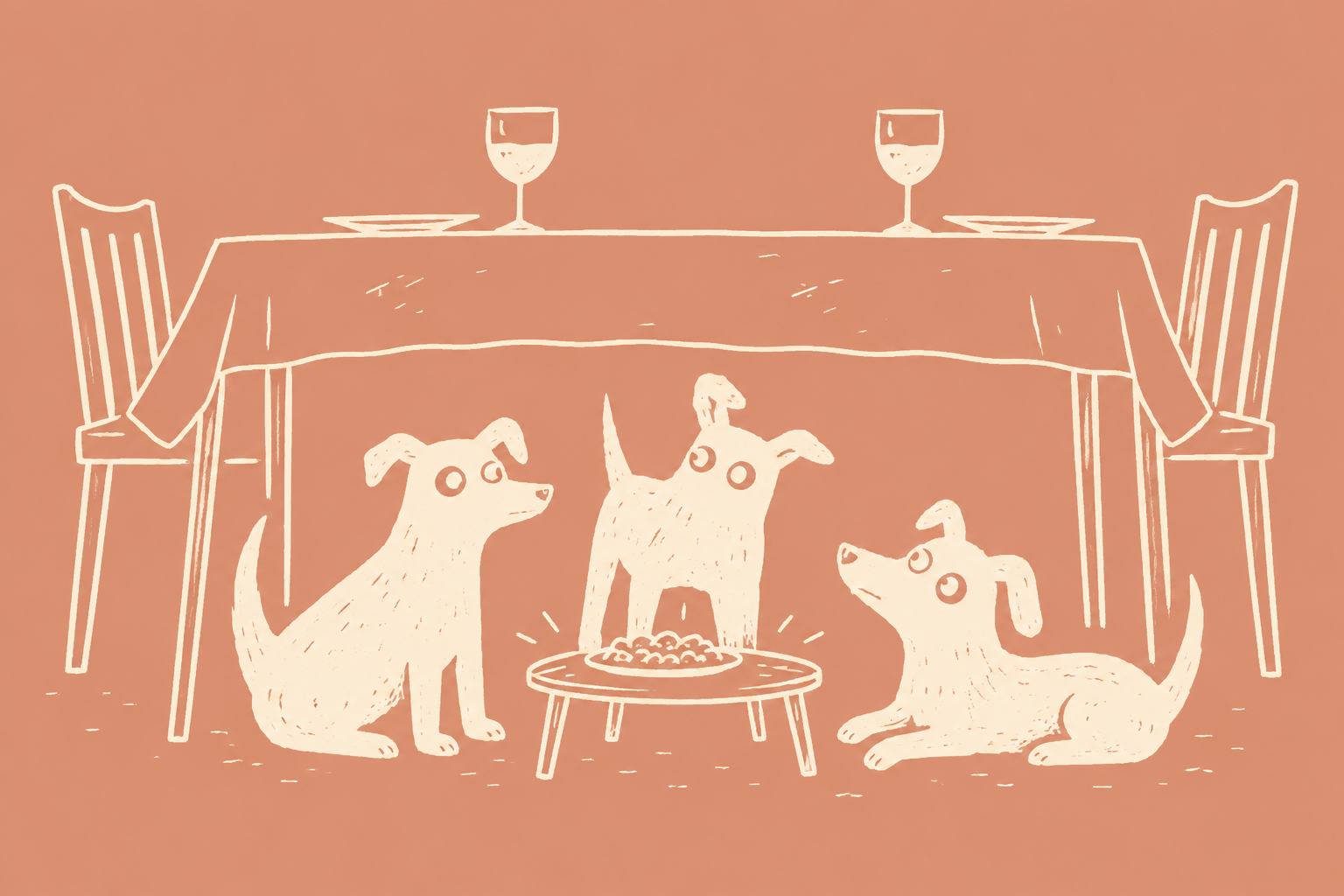 Three dogs dining beneath a table