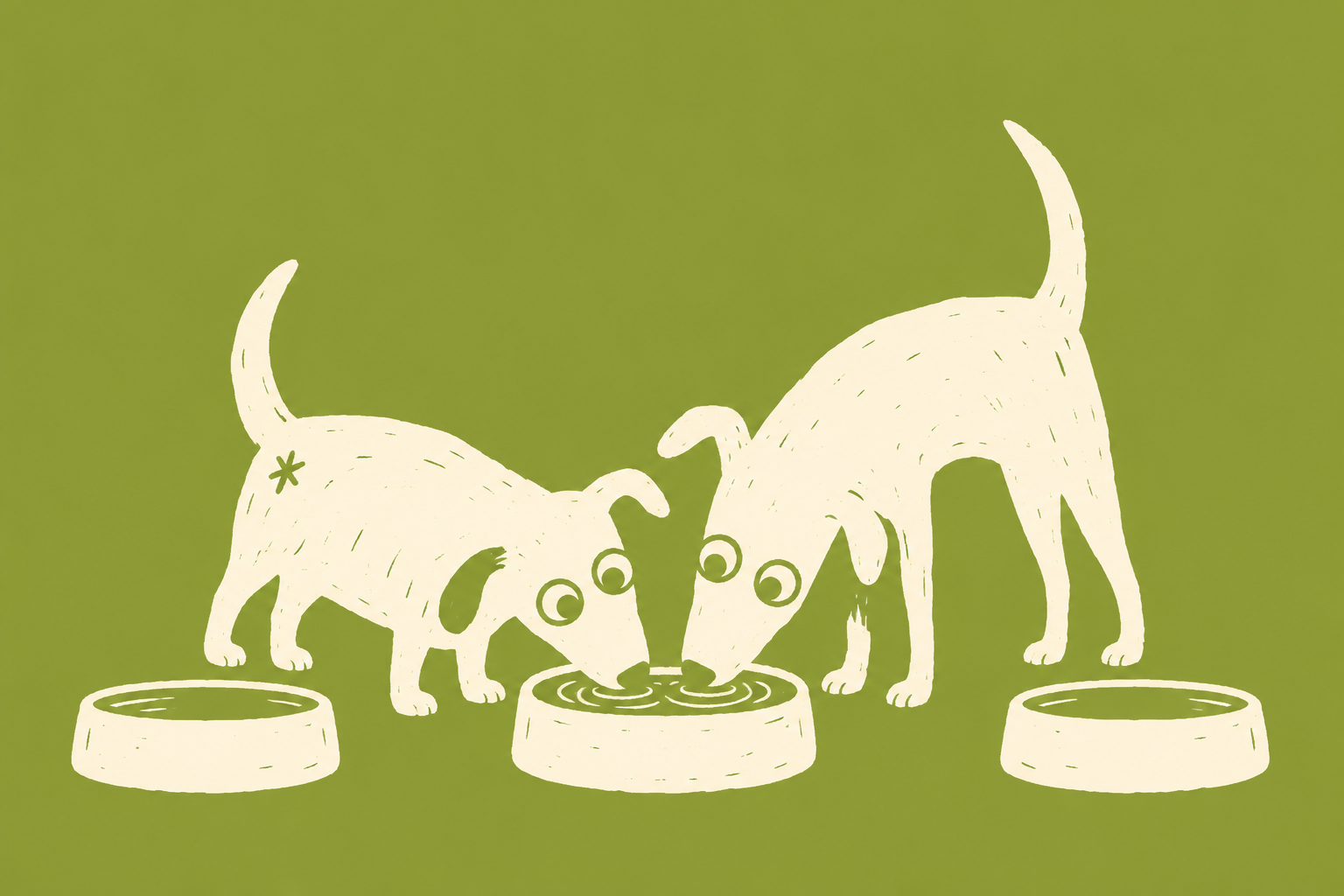 Two dogs sharing the middle of three water bowls